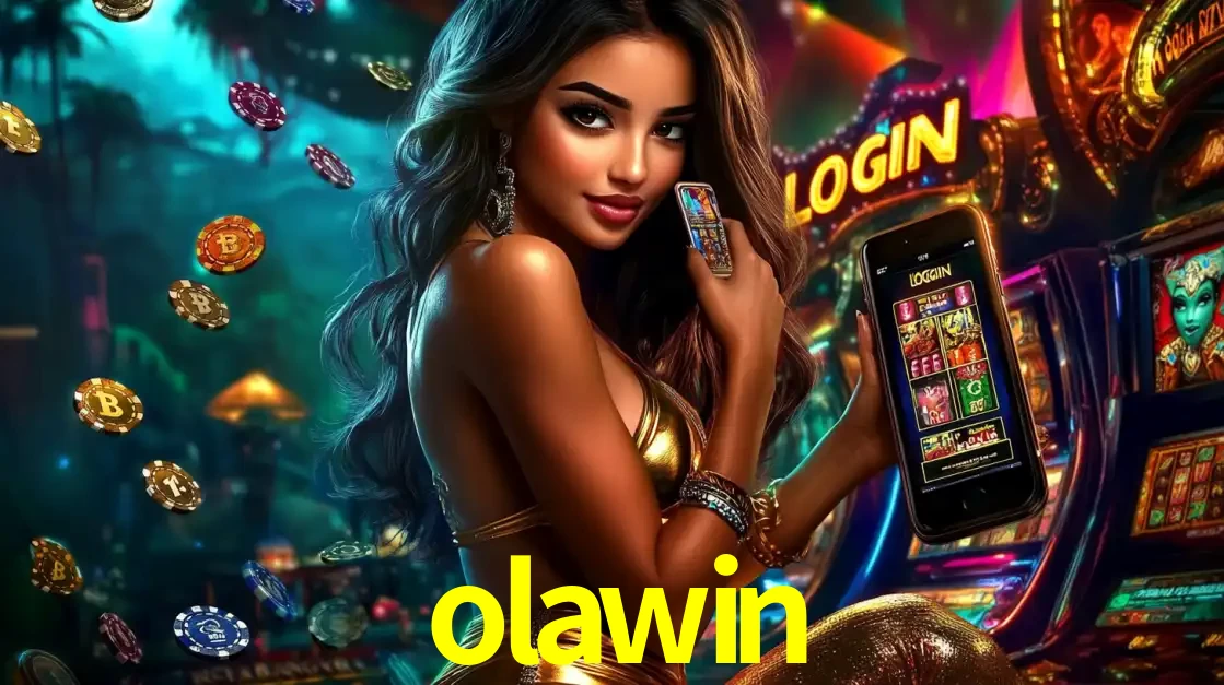 Mulher em um cenário de cassino temático de aventura, mostrando o app de caça-níqueis da olawin no celular. Fichas de apostas flutuam ao redor.