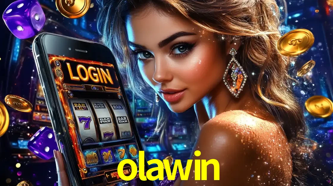 Mulher glamorosa segurando um smartphone com a tela de login para os jogos de caça-níqueis do cassino online olawin, com moedas de ouro e dados ao redor.